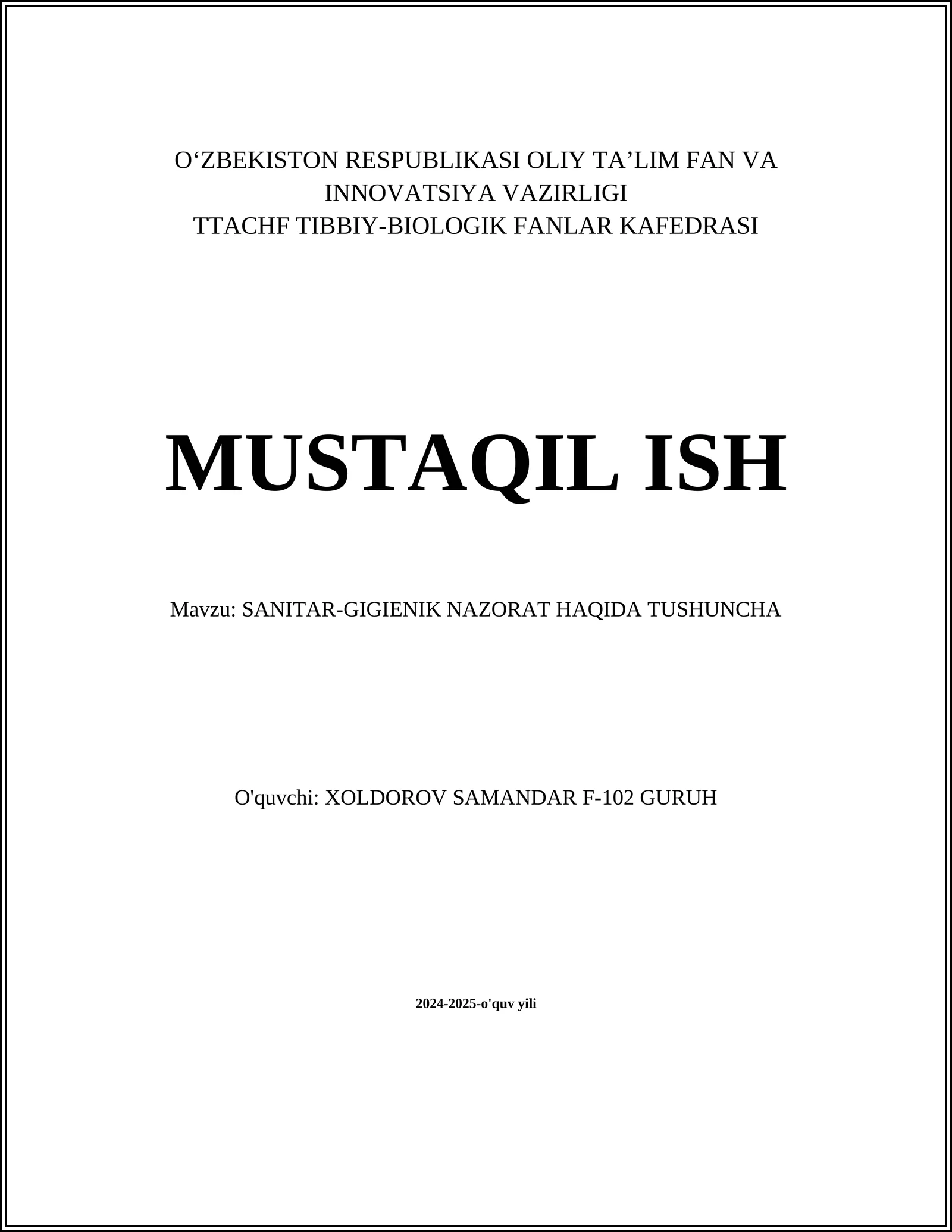 SANITAR-GIGIENIK NAZORAT HAQIDA TUSHUNCHA