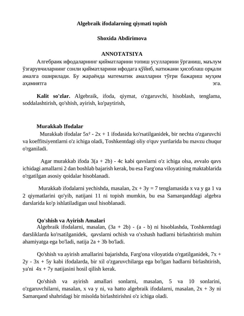 Algebraik ifodalarning qiymati topish