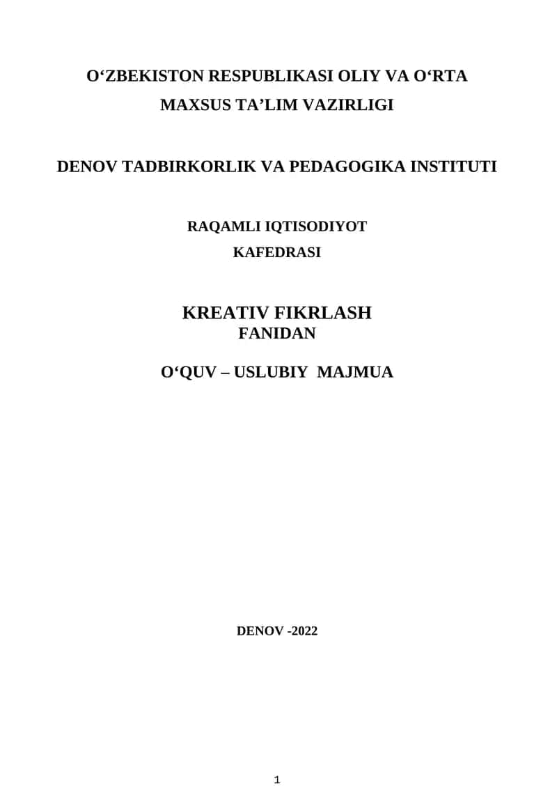 KREATIV FIKRLASH FANIDAN O‘QUV – USLUBIY MAJMUA