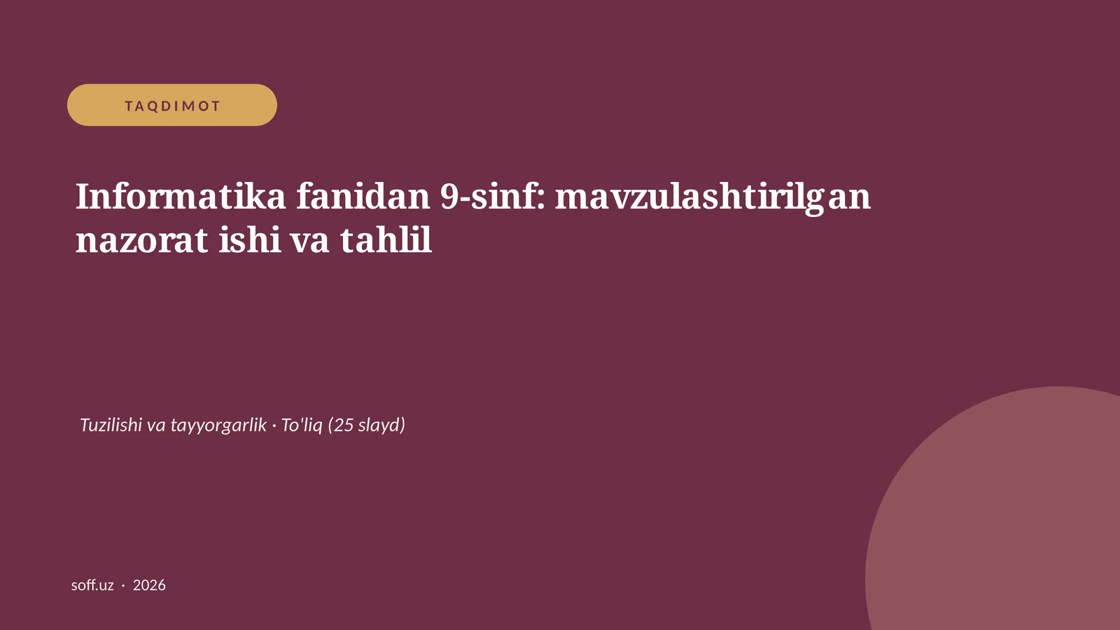 Informatika fanidan 9-sinf: mavzulashtirilgan nazorat ishi va tahlil