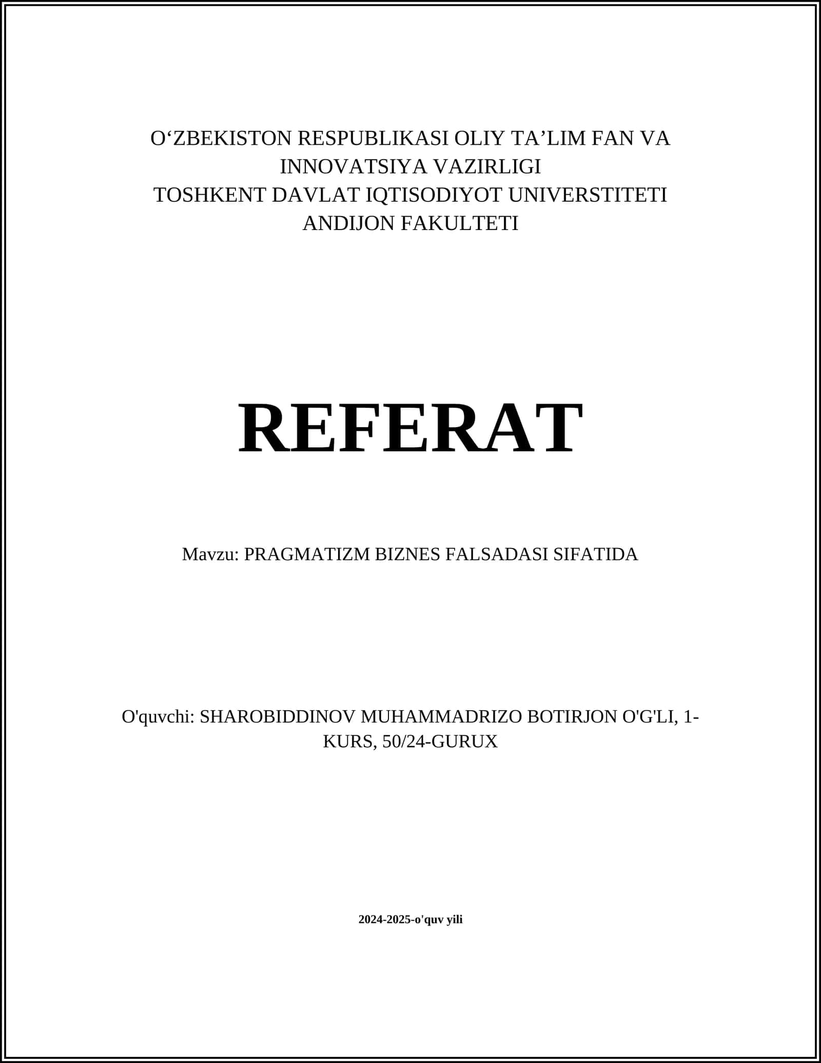 PRAGMATIZM BIZNES FALSADASI SIFATIDA