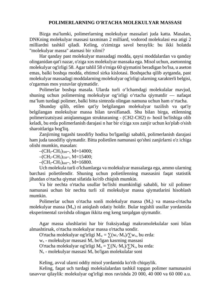 Polimerlarning o'rtacha molekulyar MASSASI