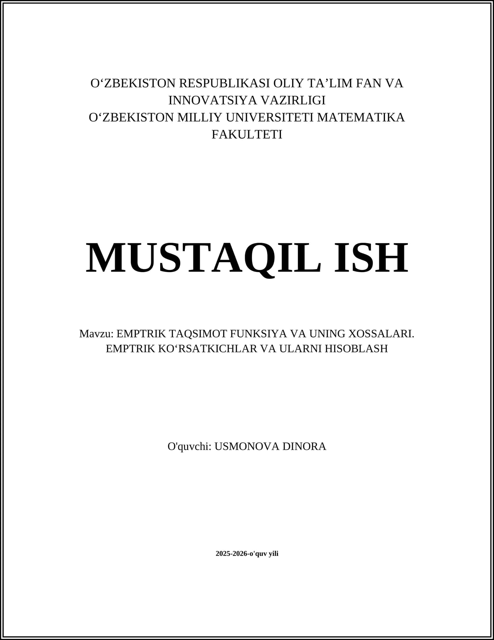 EMPTRIK TAQSIMOT FUNKSIYA VA UNING XOSSALARI. EMPTRIK KOʻRSATKICHLAR VA ULARNI HISOBLASH