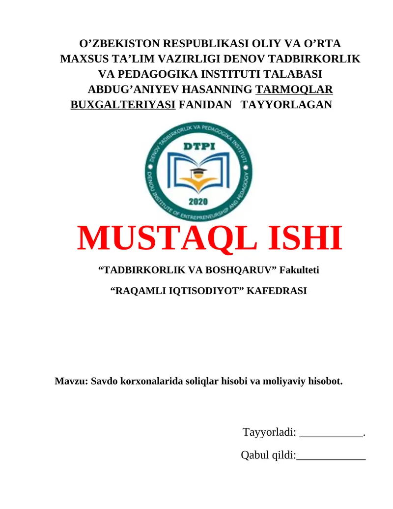 Soliqlar Hisobi Va Moliyaviy Hisobotlar