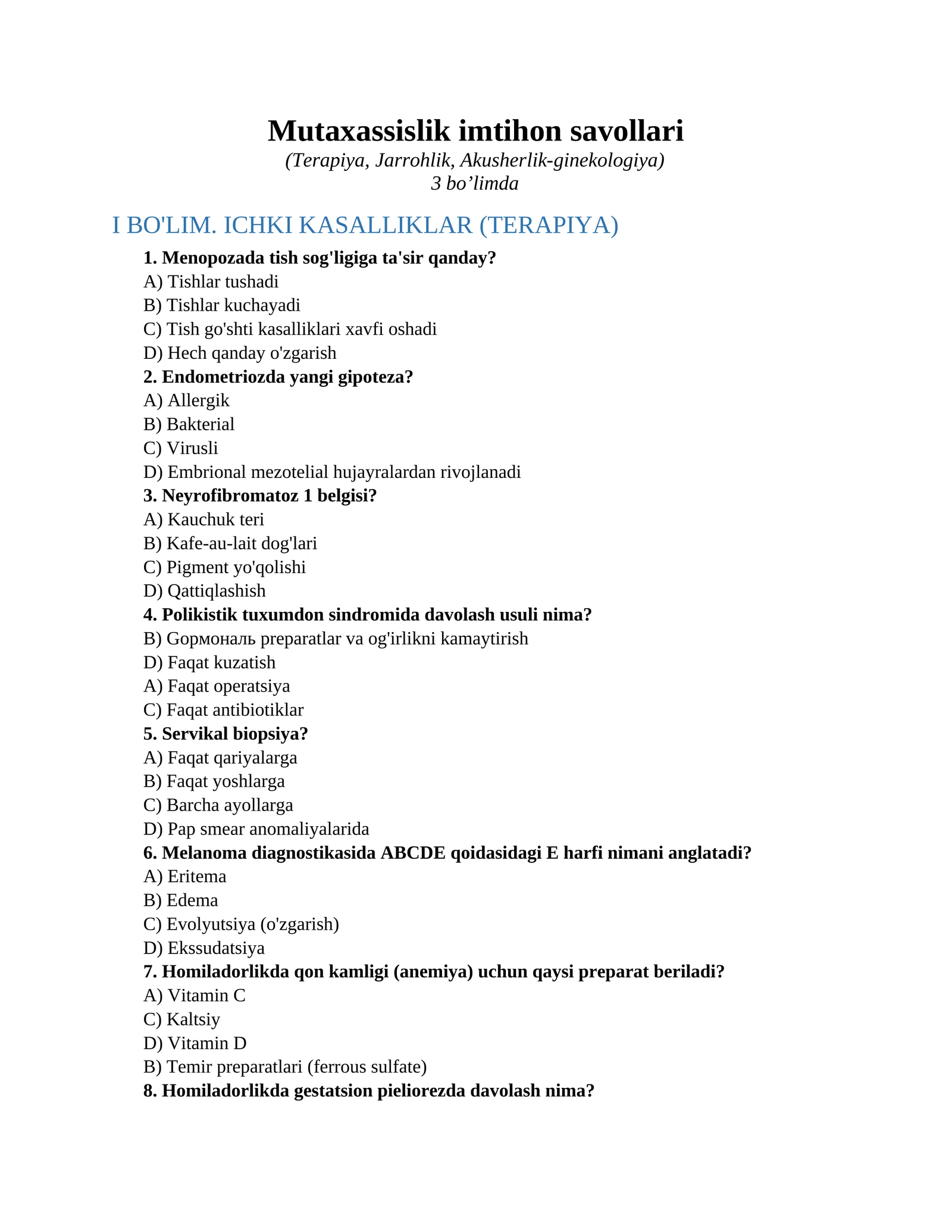Mutaxassislik imtihon savollari (Terapiya, Jarrohlik, Akusherlik-ginekologiya)