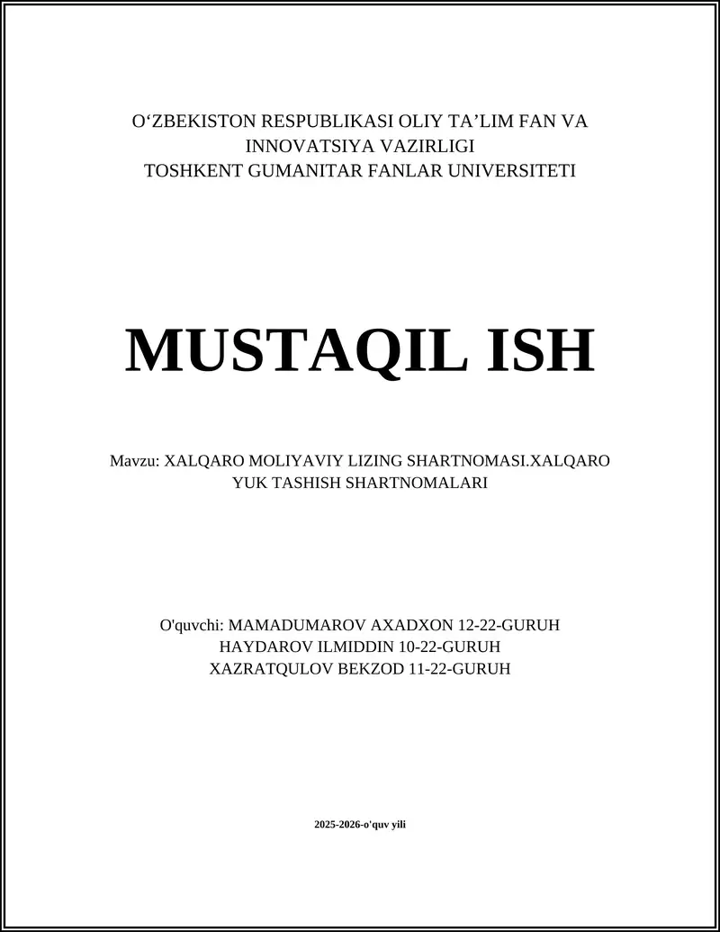 Xalqaro Moliyaviy Lizing Shartnomasi