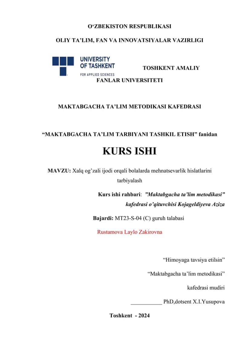 Xalq og’zali ijodi orqali bolalarda mehnatsevarlik hislatlarini tarbiyalash