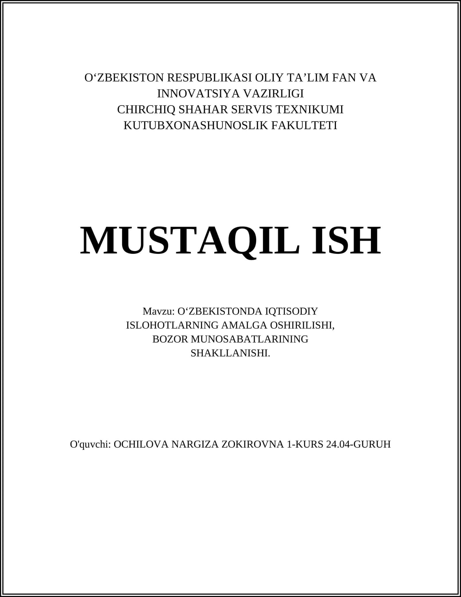 O‘ZBEKISTONDA IQTISODIY ISLOHOTLARNING AMALGA OSHIRILISHI