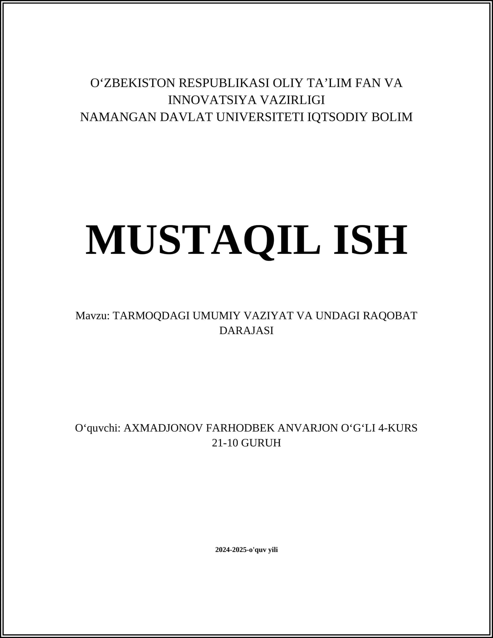 TARMOQDAGI UMUMIY VAZIYAT VA UNDAGI RAQOBAT DARAJASI