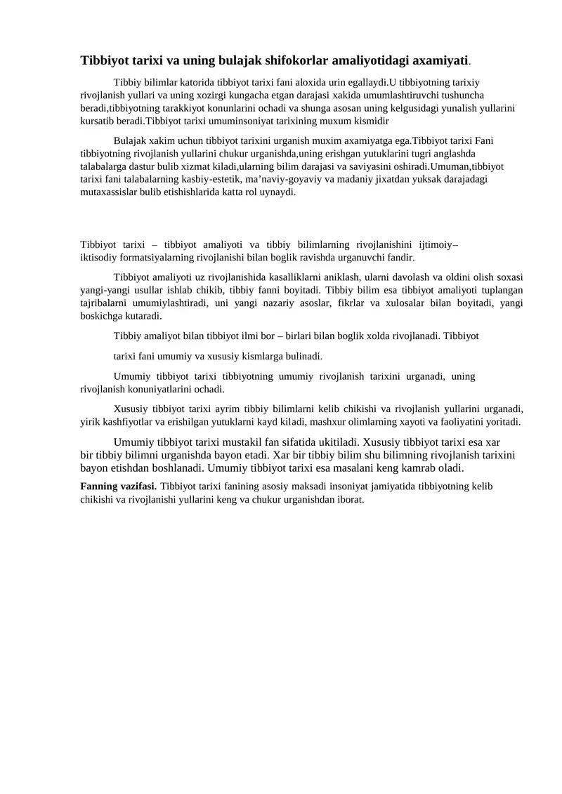 Tibbiyot Tarixi va Tibbiyot Amaliyoti