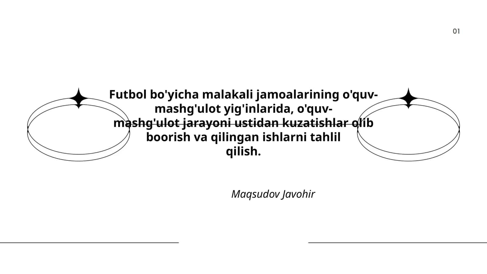 Futbol bo'yicha malakali jamoalarining o'quv-mashg'ulot yig'inlarida, o'quv-mashg'ulot jarayoni ustidan kuzatishlar olib boorish va qilingan ishlarni tahlil