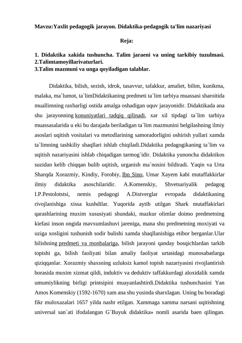 Yaxlit pedagogik jarayon. Didaktika-pedagogik ta'lim nazariyasi