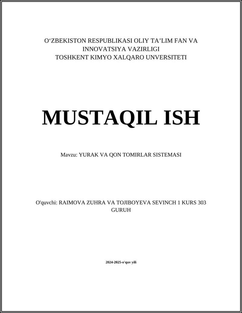YURAK VA QON TOMIRLAR SISTEMASI