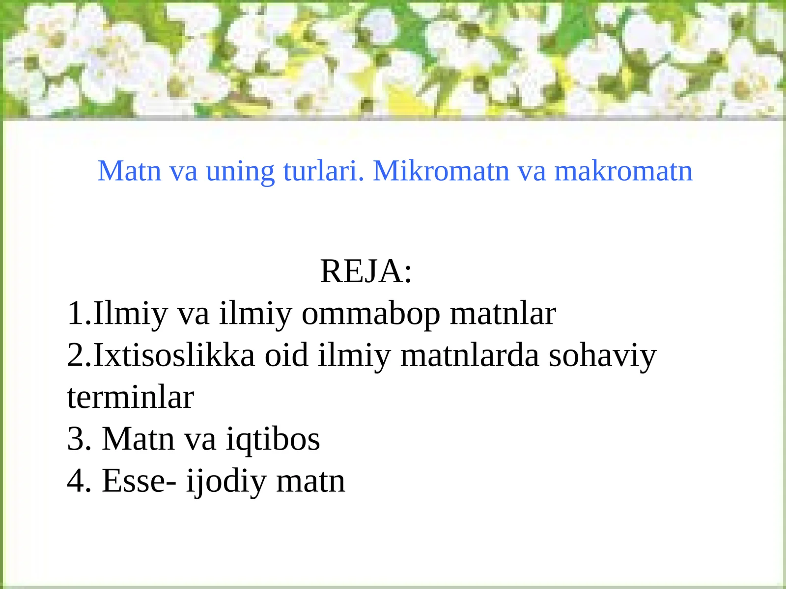 Matn va uning turlari. Mikromatn va makromatn