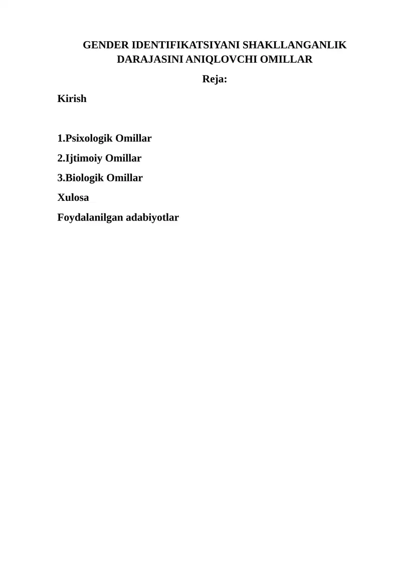 GENDER IDENTIFIKATSIYANI SHAKLLANGANLIK DARAJASINI ANIQLOVCHI OMILLAR