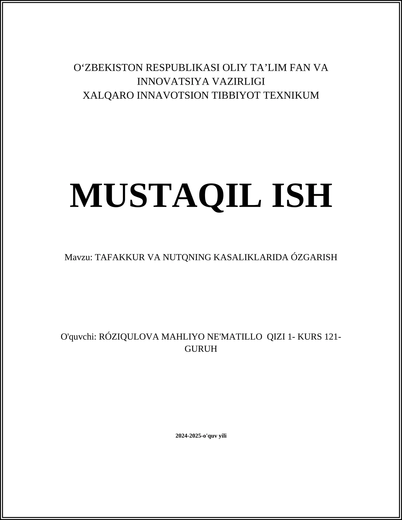 TAFAKKUR VA NUTQNING KASALIKLARIDA ÓZGARISH