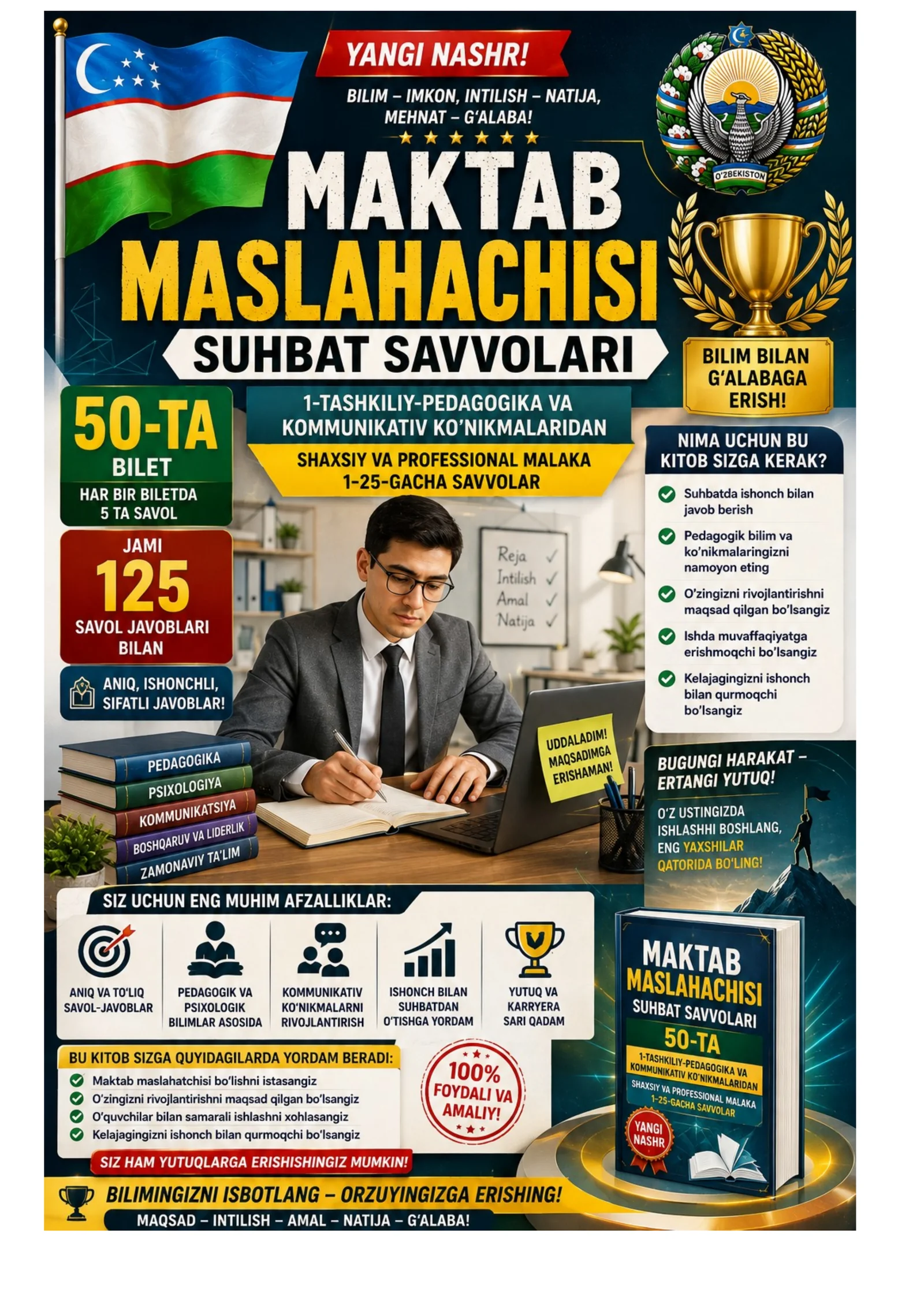Maktab maslaxatchisi suxbat savollari 200 ta bilet. Jami 1000 ta savol javoblari bilan