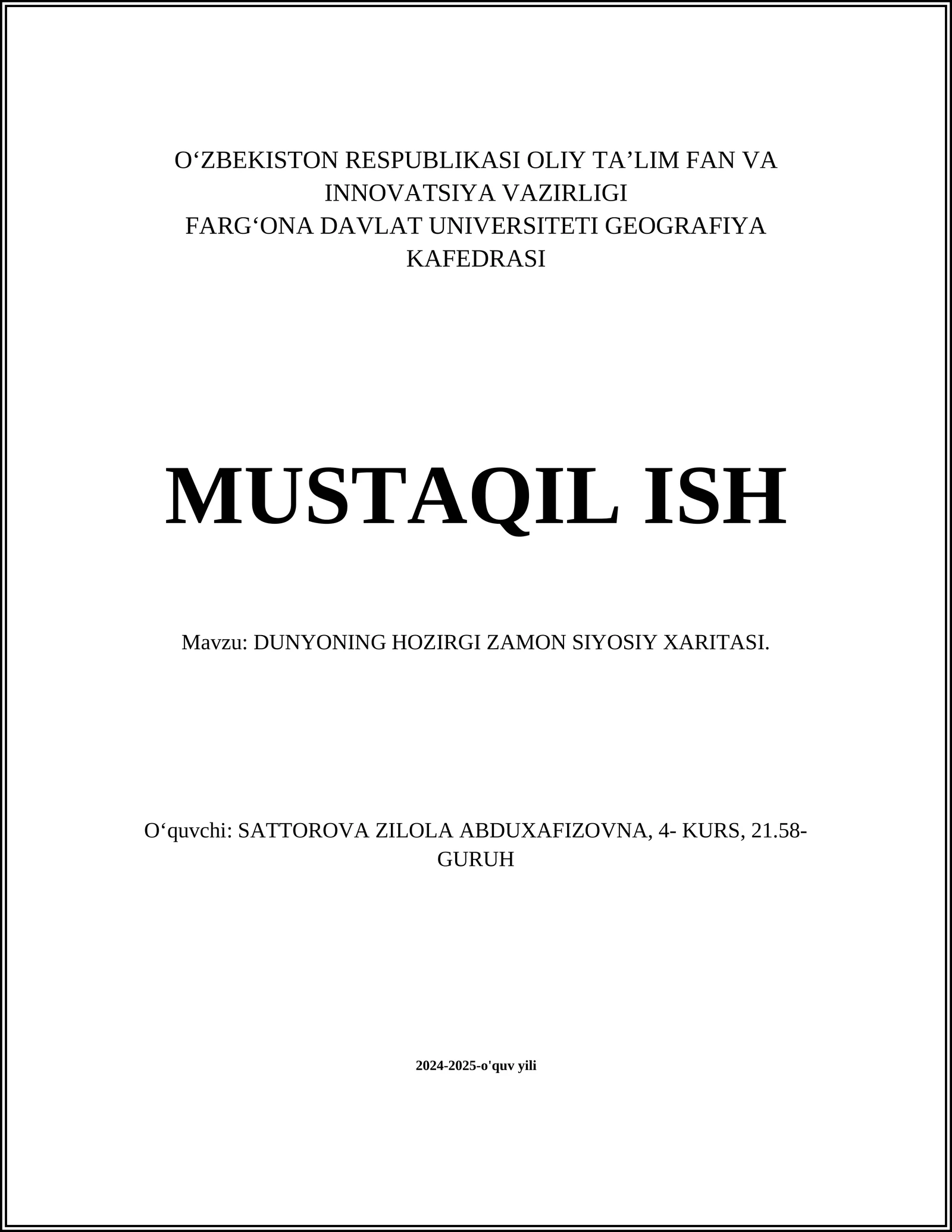 DUNYONING HOZIRGI ZAMON SIYOSIY XARITASI