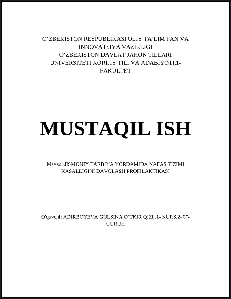 Jismoniy tarbiya yordamida nafas tizimi kasalligini davolash profilaktikasi