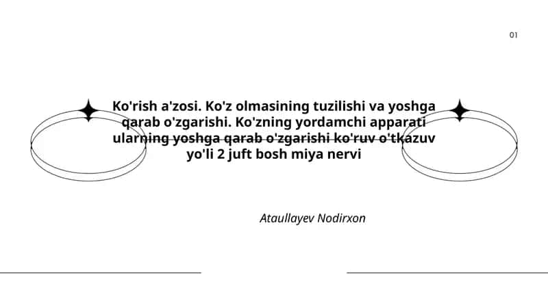 Ko'rish a'zosi. Ko'z olmasining tuzilishi va yoshga qarab o'zgarishi. Ko'zning yordamchi apparati ularning yoshga qarab o'zgarishi ko'ruv o'tkazuv yo'li 2 juft bosh miya nervi