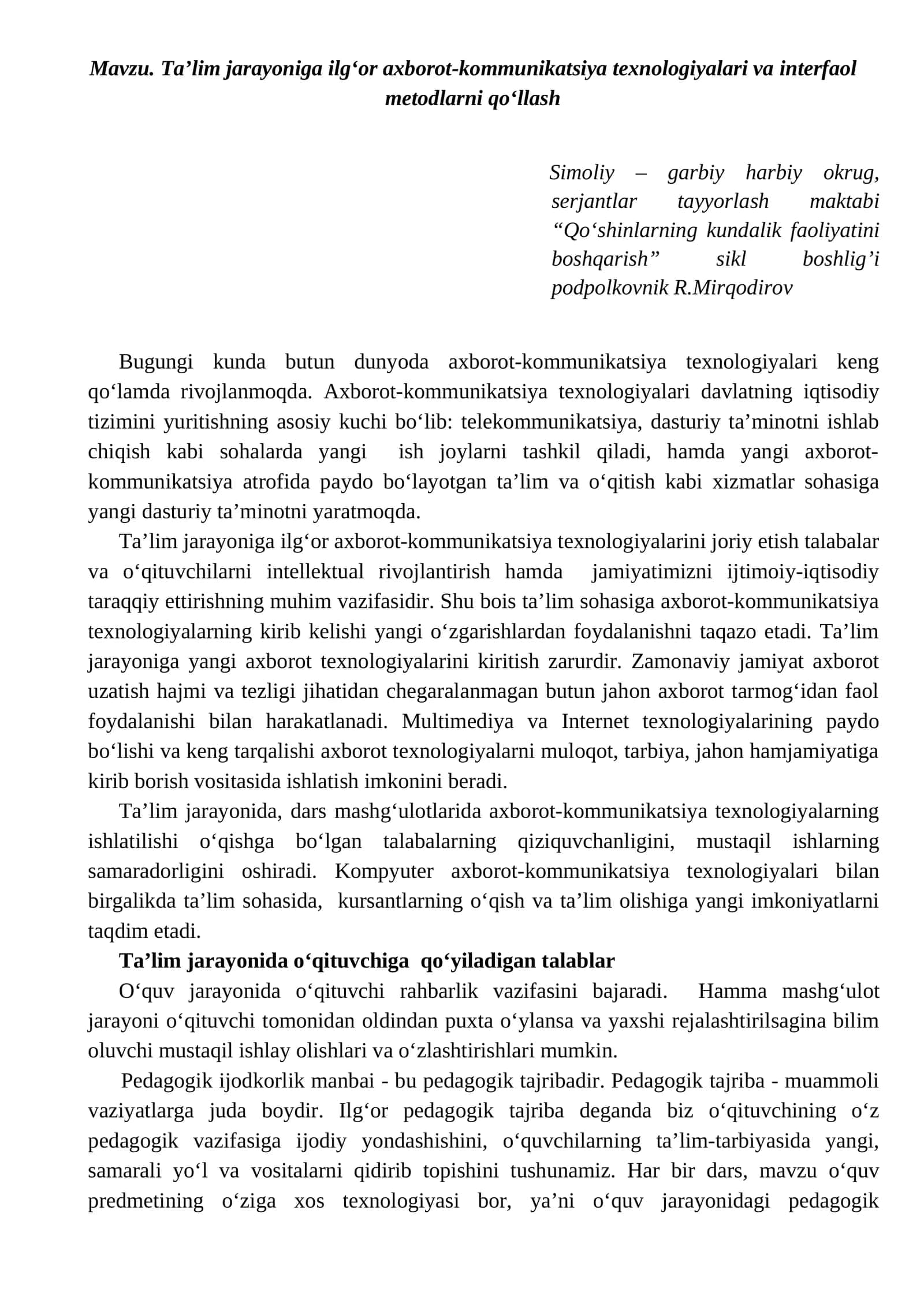 Ta’lim jarayoniga ilg‘or axborot-kommunikatsiya texnologiyalari va interfaol metodlarni qo‘llash