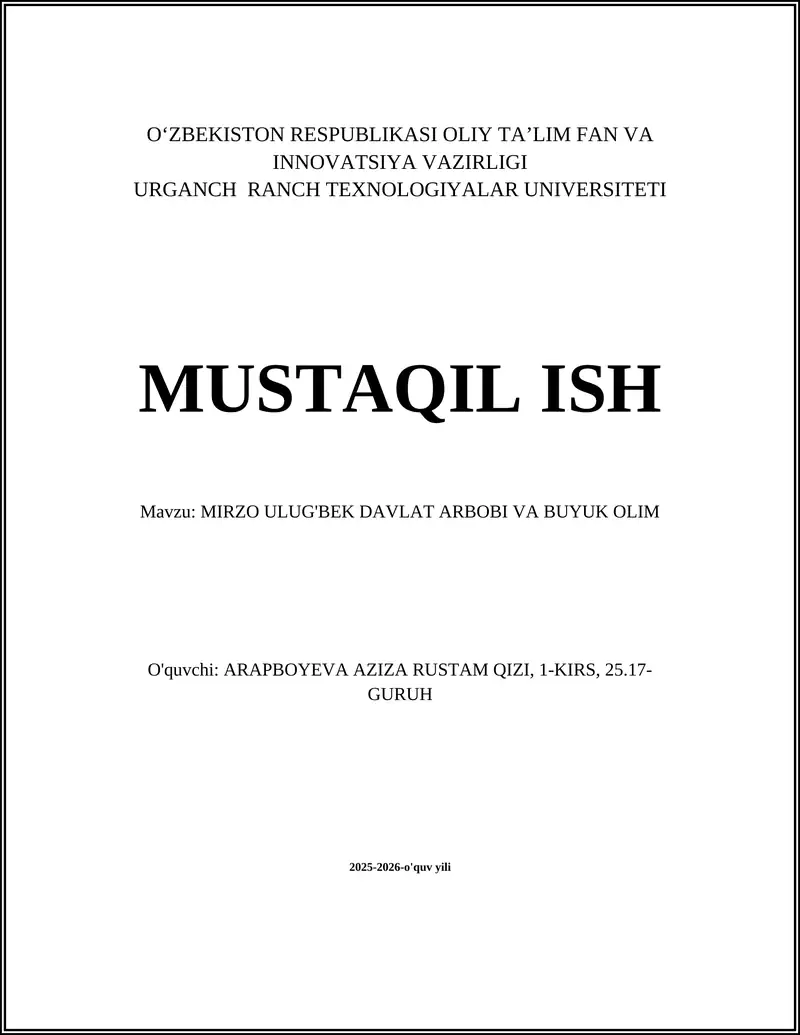 MIRZO ULUG'BEK DAVLAT ARBOBI VA BUYUK OLIM
