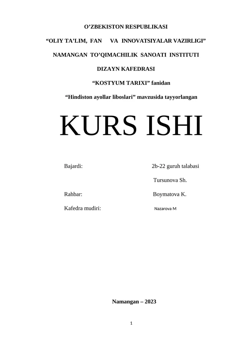 "Hindiston ayollar liboslari" KURS ISHI