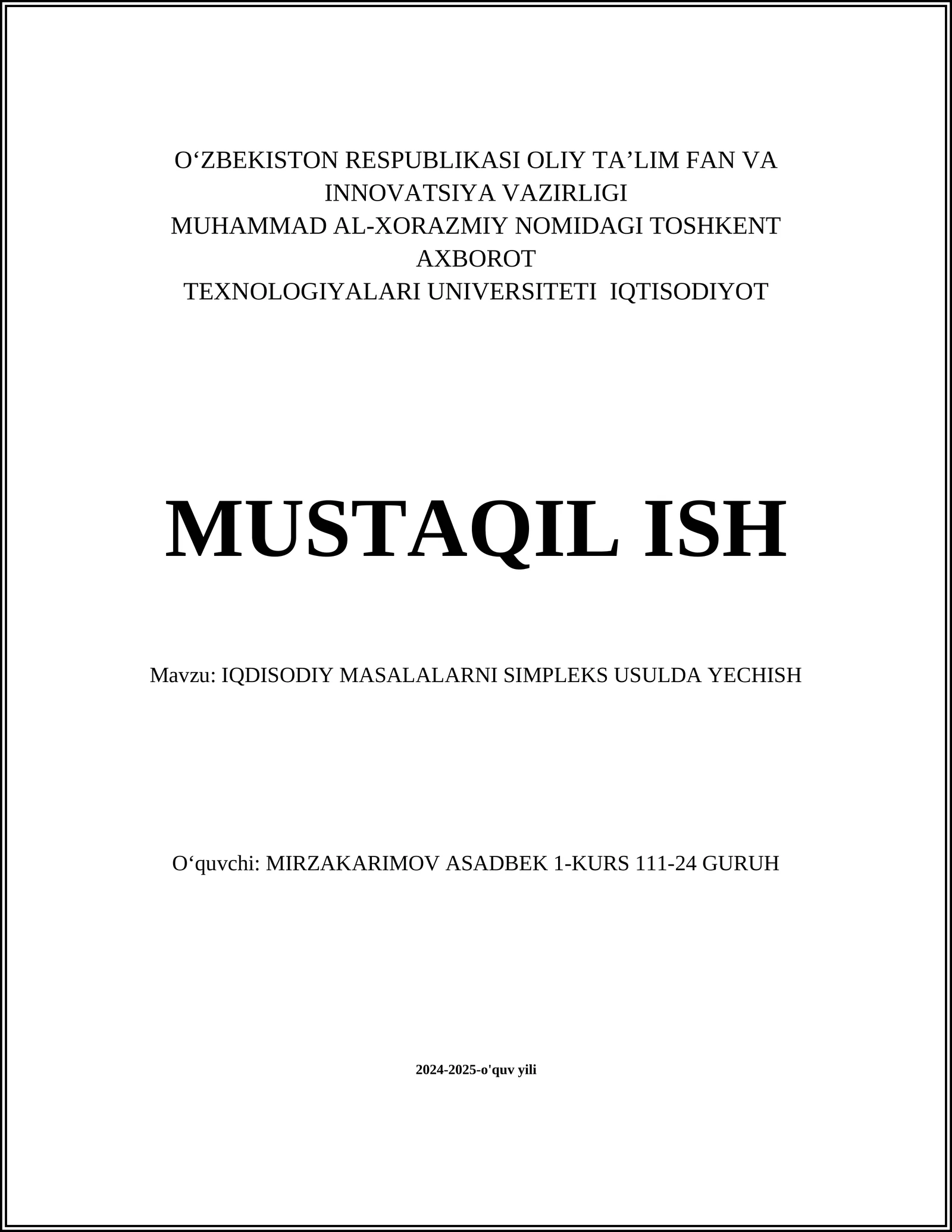 IQDISODIY MASALALARNI SIMPLEKS USULDA YECHISH