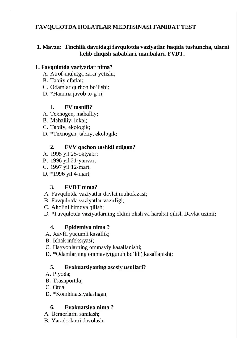 FAVQULOTDA HOLATLAR MEDITSINASI FANIDAT TEST