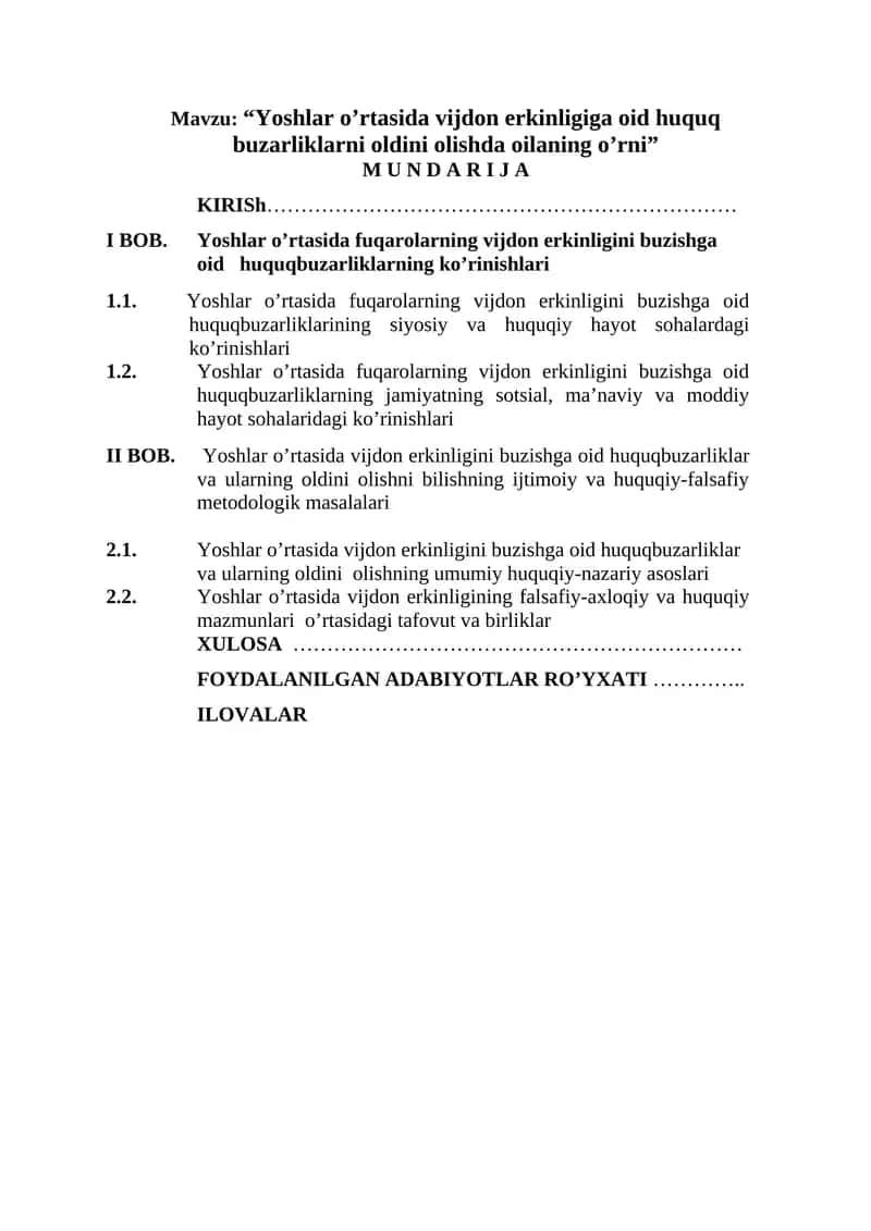 Yoshlar o’rtasida vijdon erkinligiga oid huquq buzarliklarni oldini olishda oilaning o’rni