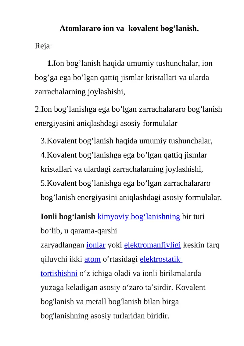 Ion va kovalent bog'lanish