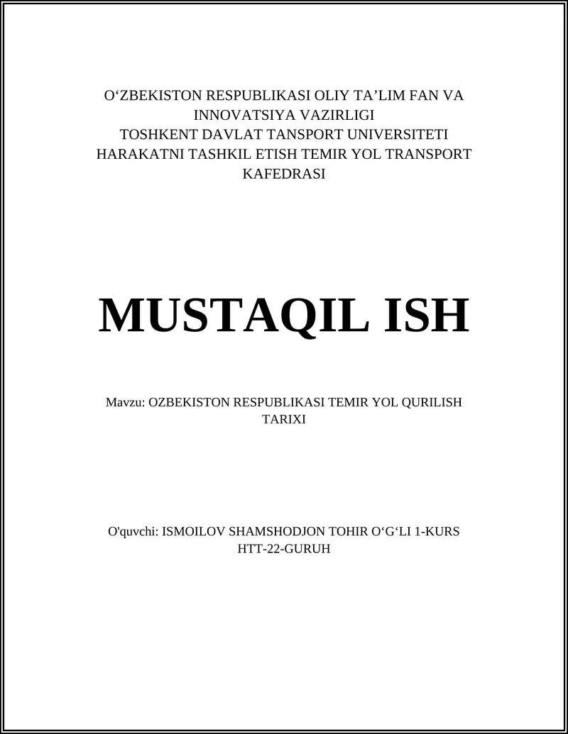 OZBEKISTON RESPUBLIKASI TEMIR YOL QURILISH TARIXI