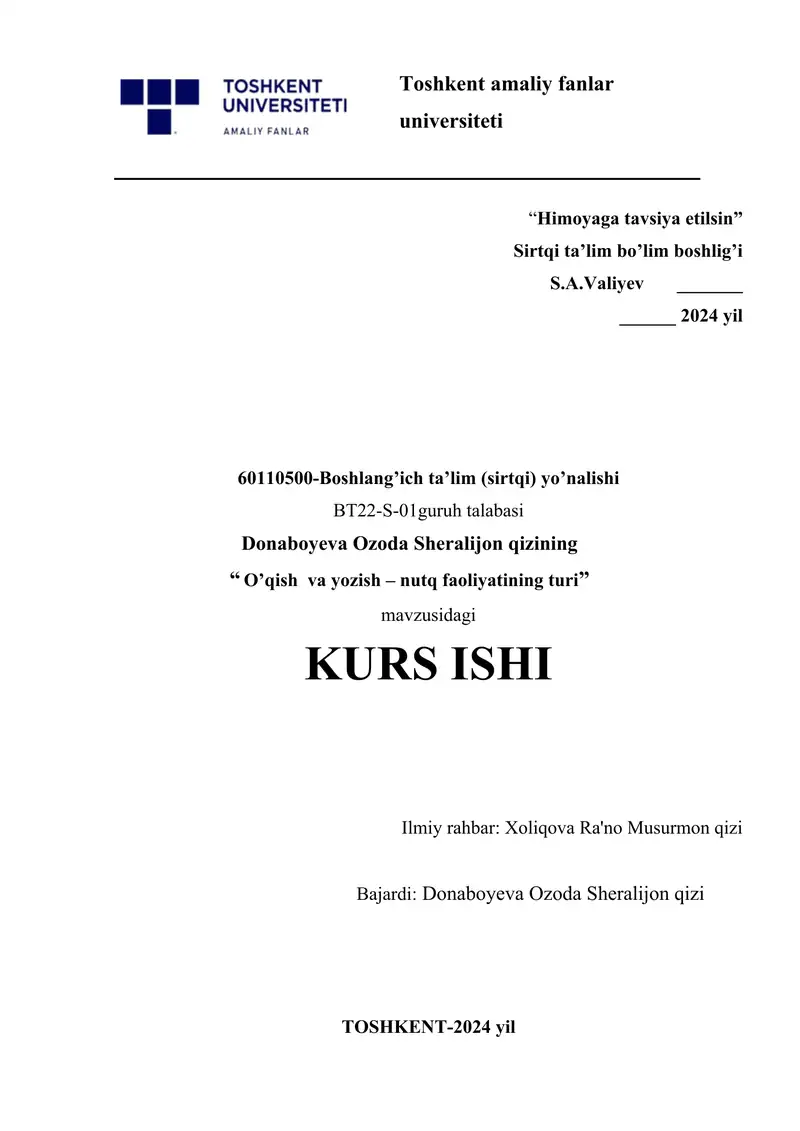 O’qish va yozish – nutq faoliyatining turi