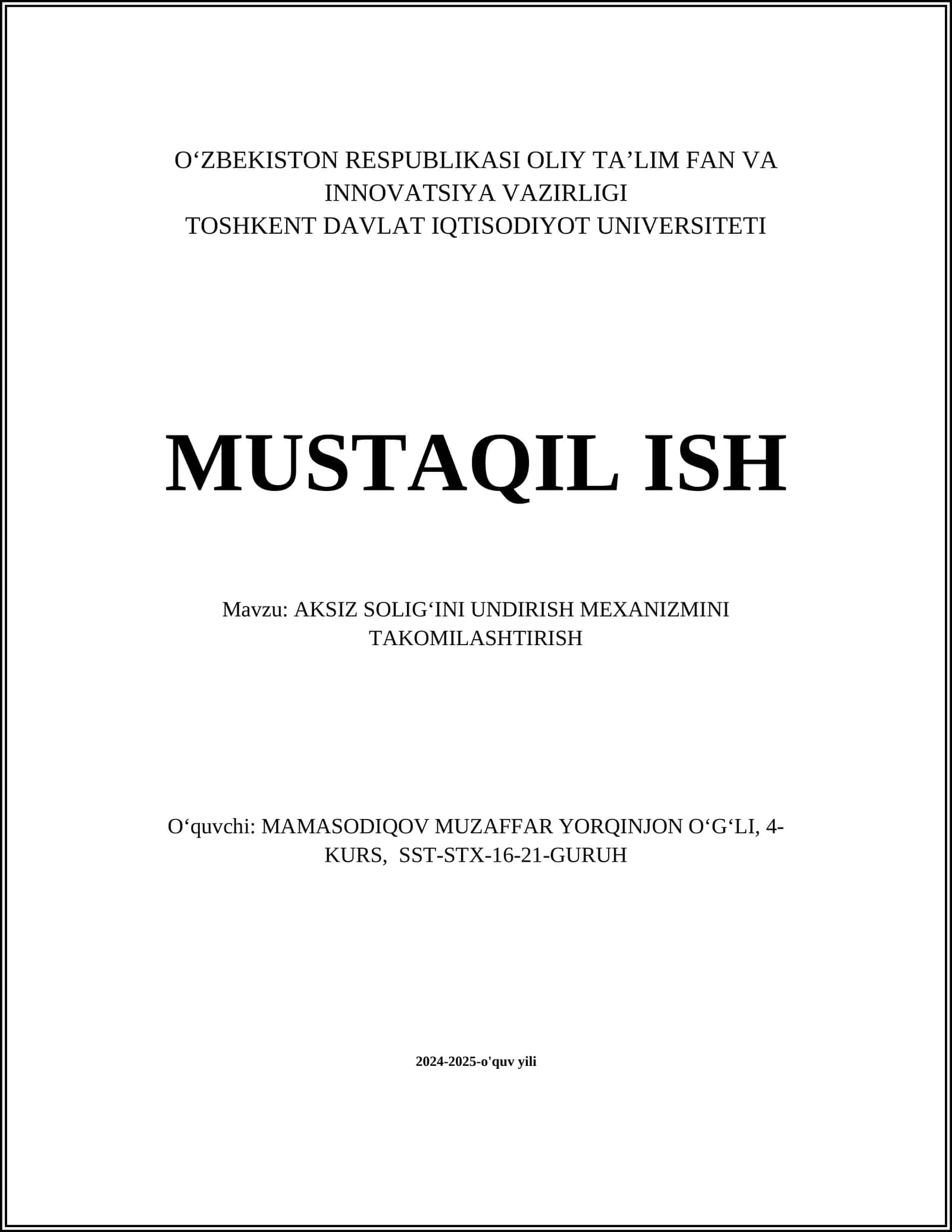 AKSIZ SOLIGʻINI UNDIRISH MEXANIZMINI TAKOMILASHTIRISH