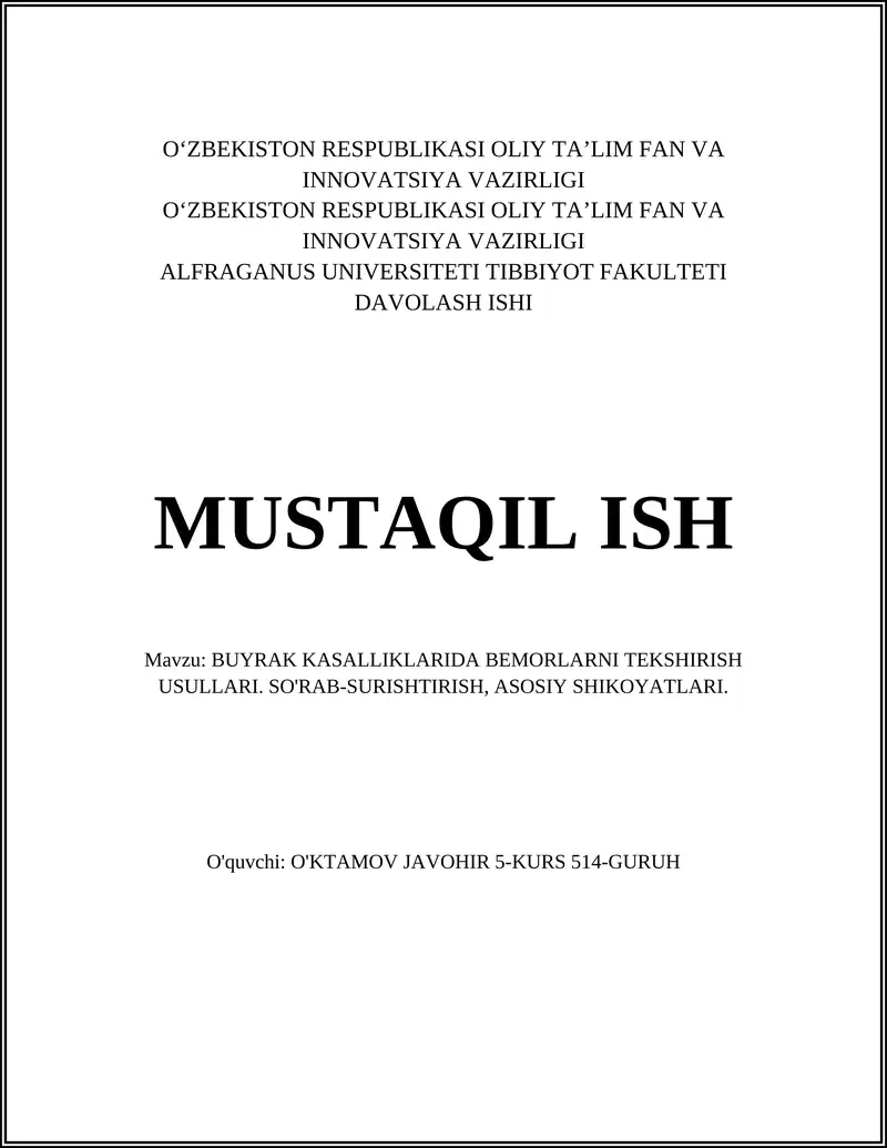 BUYRAK KASALLIKLARIDA BEMORLARNI TEKSHIRISH USULLARI