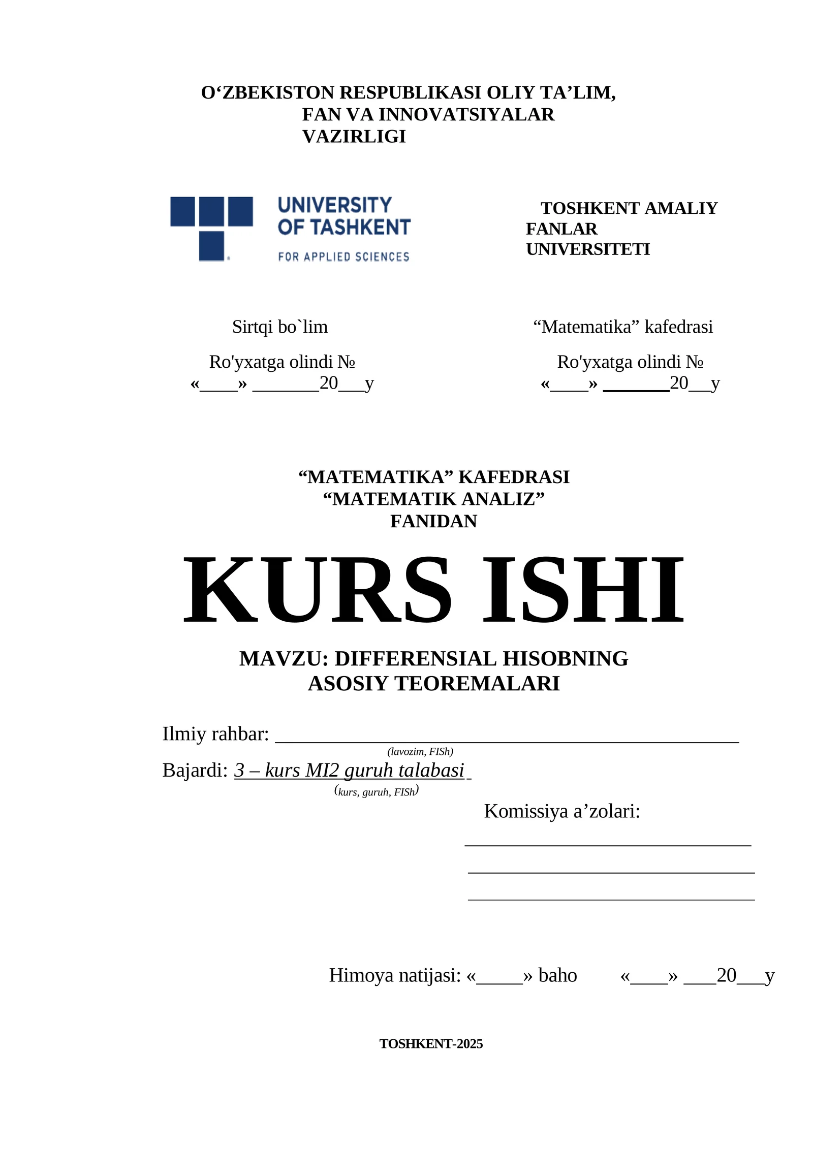 KURS ISHI: DIFFERENSIAL HISOBNING ASOSIY TEOREMALARI