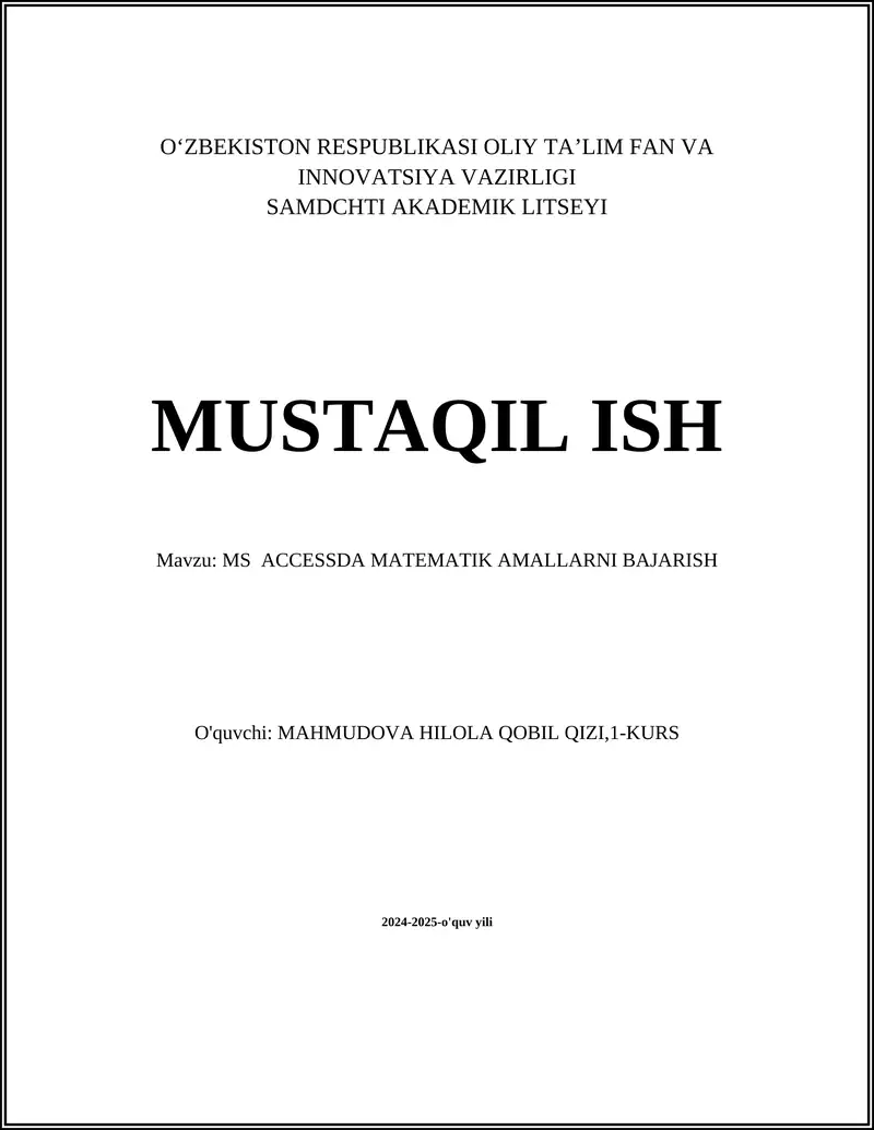 MS ACCESSDA MATEMATIK AMALLARNI BAJARISH
