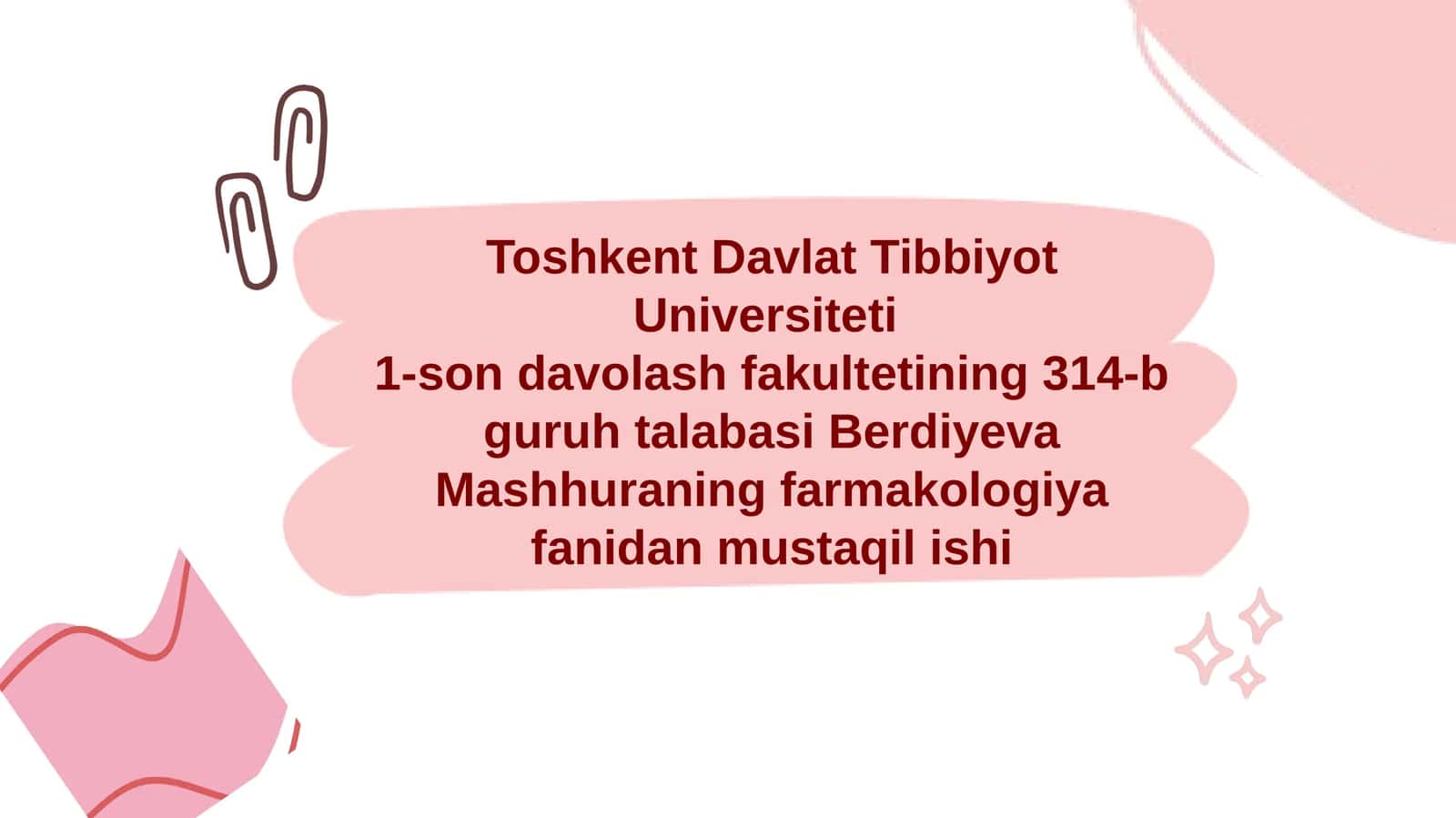 1-son davolash fakultetining 314-b guruhta labasi Berdiyeva Mashhurani farmakologiya fanidan mustaqil ishi