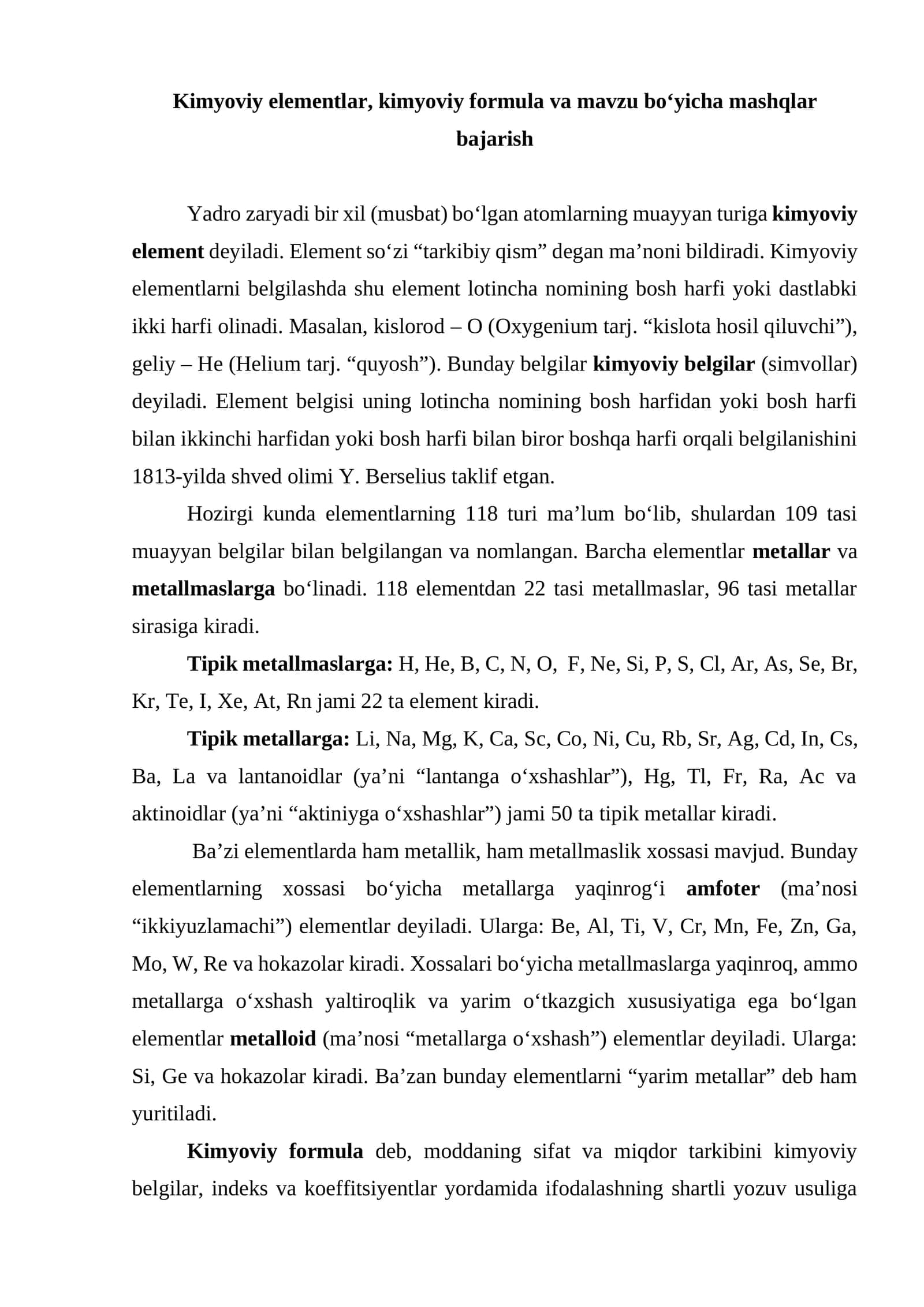 Kimyoviy elementlar, kimyoviy formula va mashqlar
