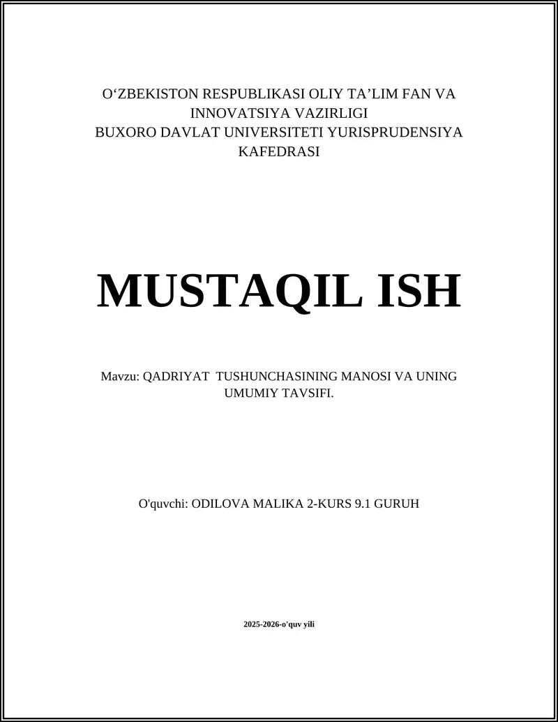 QADRIYAT TUSHUNCHASINING MANOSI VA UNING UMUMIY TAVSIFI
