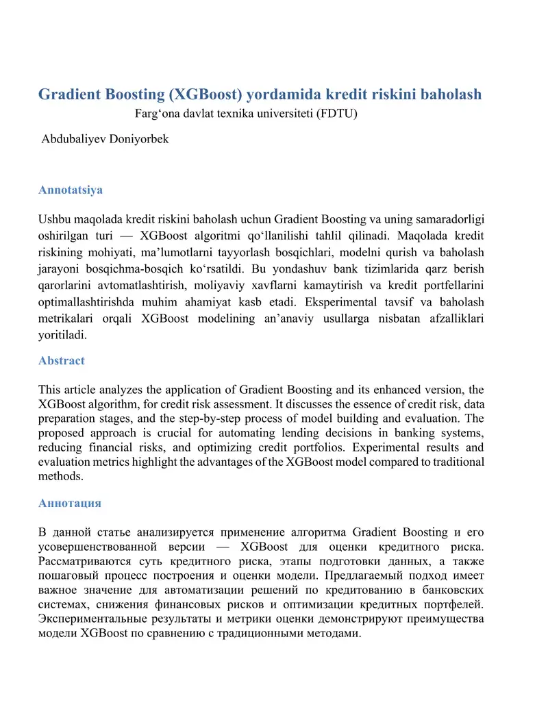 Gradient Boosting (XGBoost) yordamida kredit riskini baholash