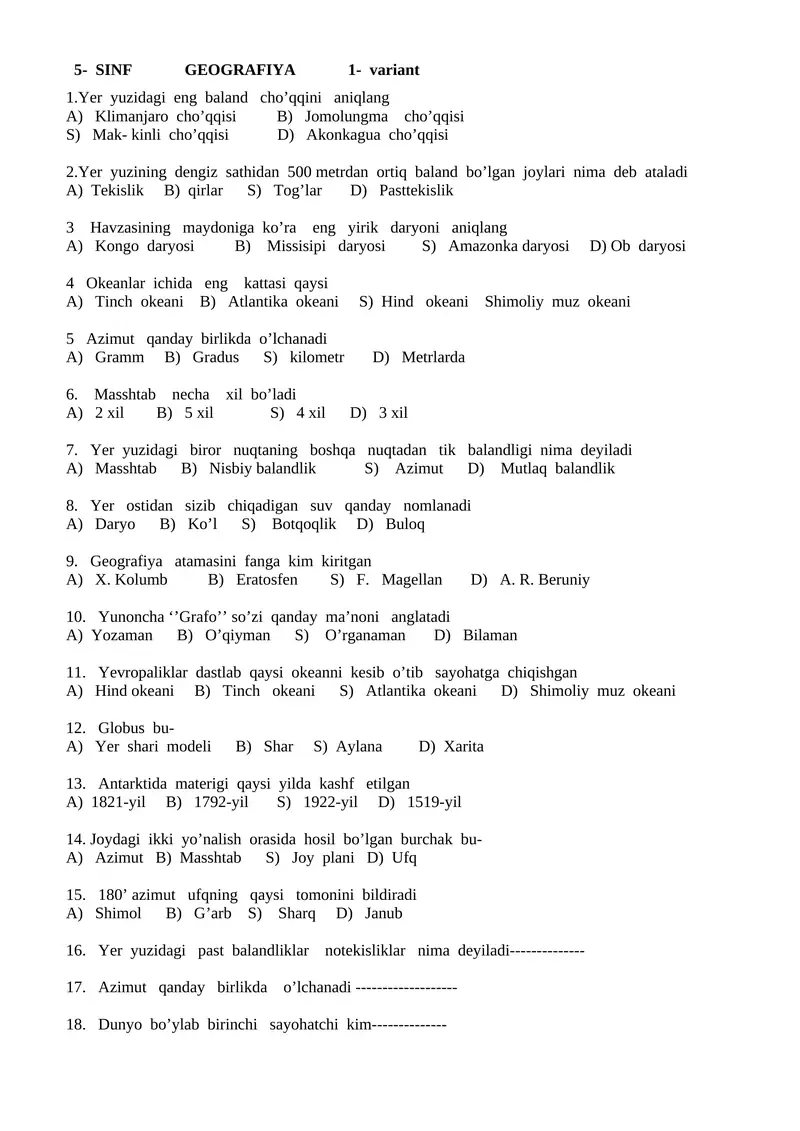 5- SINF GEOGRAFIYA 1- variant