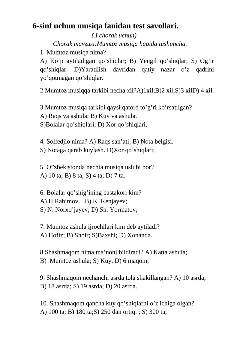 6-sinf uchun musiqa fanidan test savollari