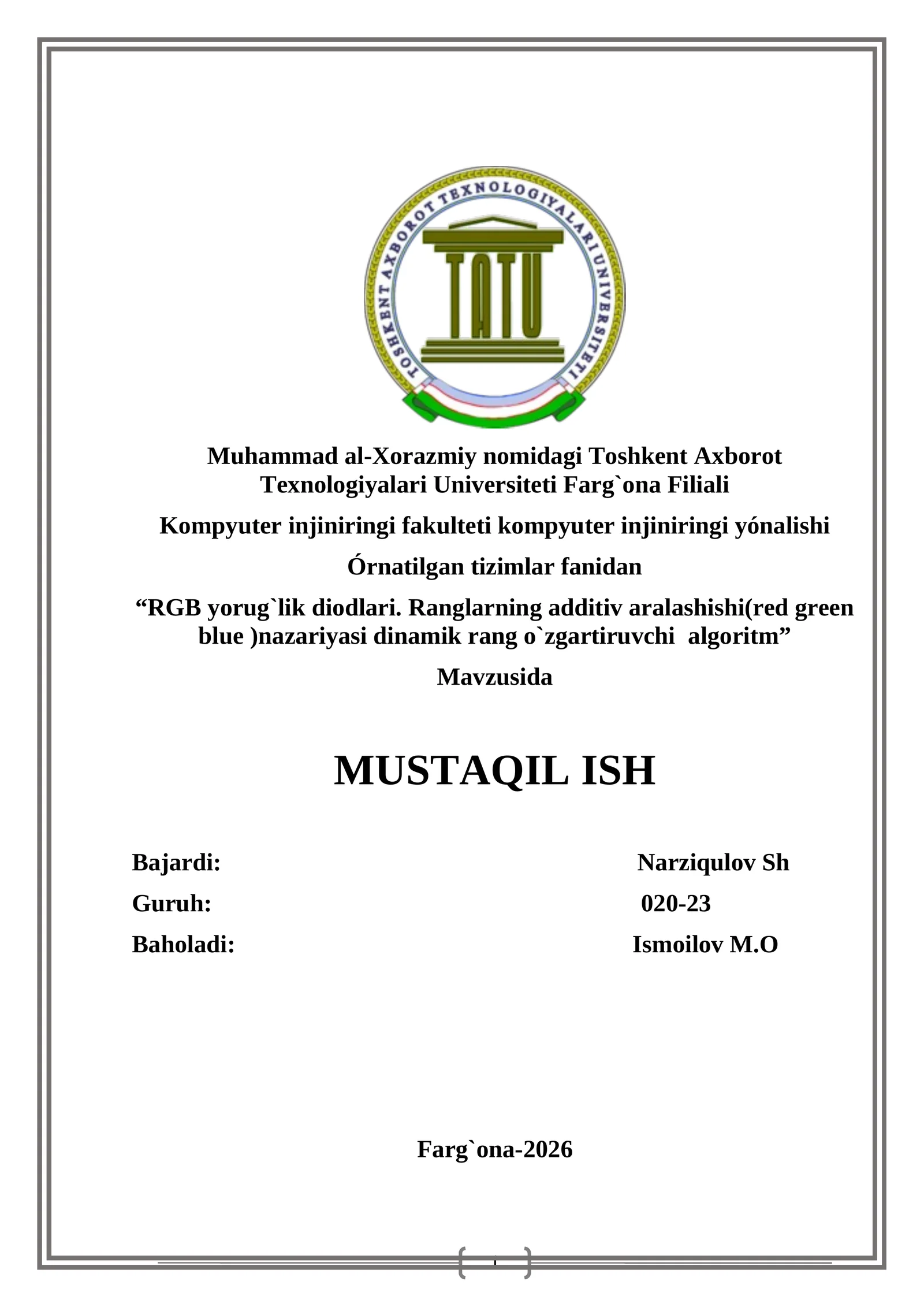 RGB yorug`lik diodlari. Ranglarning additiv aralashishi(red green blue )nazariyasi dinamik rang o`zgartiruvchi algoritm