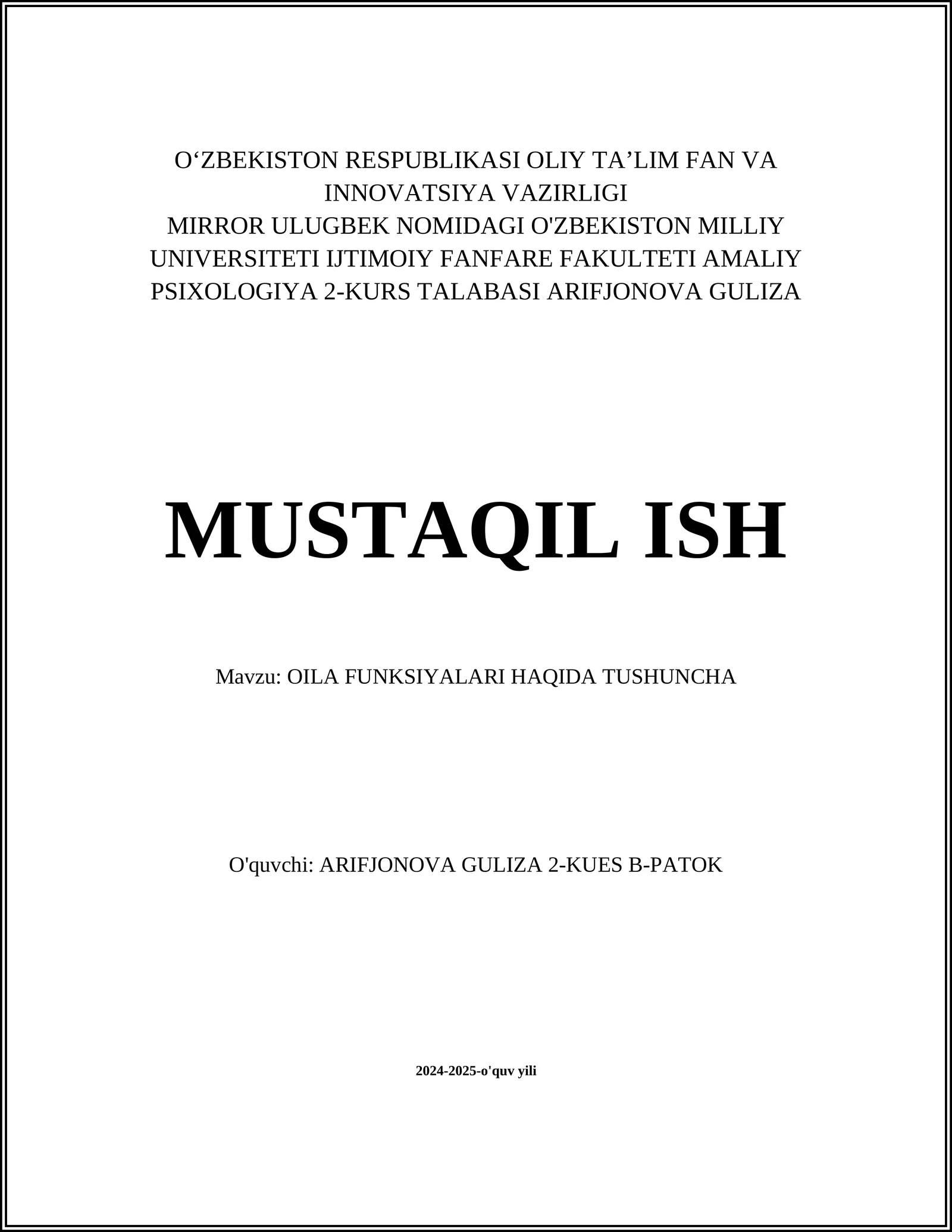 OILA FUNKSIYALARI HAQIDA TUSHUNCHA