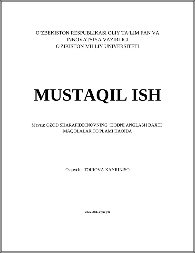 OZOD SHARAFIDDINOVNING ''IJODNI ANGLASH BAXTI'' MAQOLALAR TO'PLAMI HAQIDA