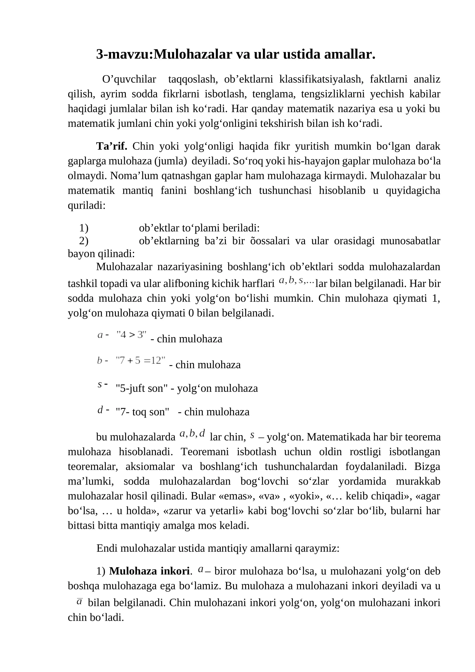 Mulohazalar va ular ustida amallar