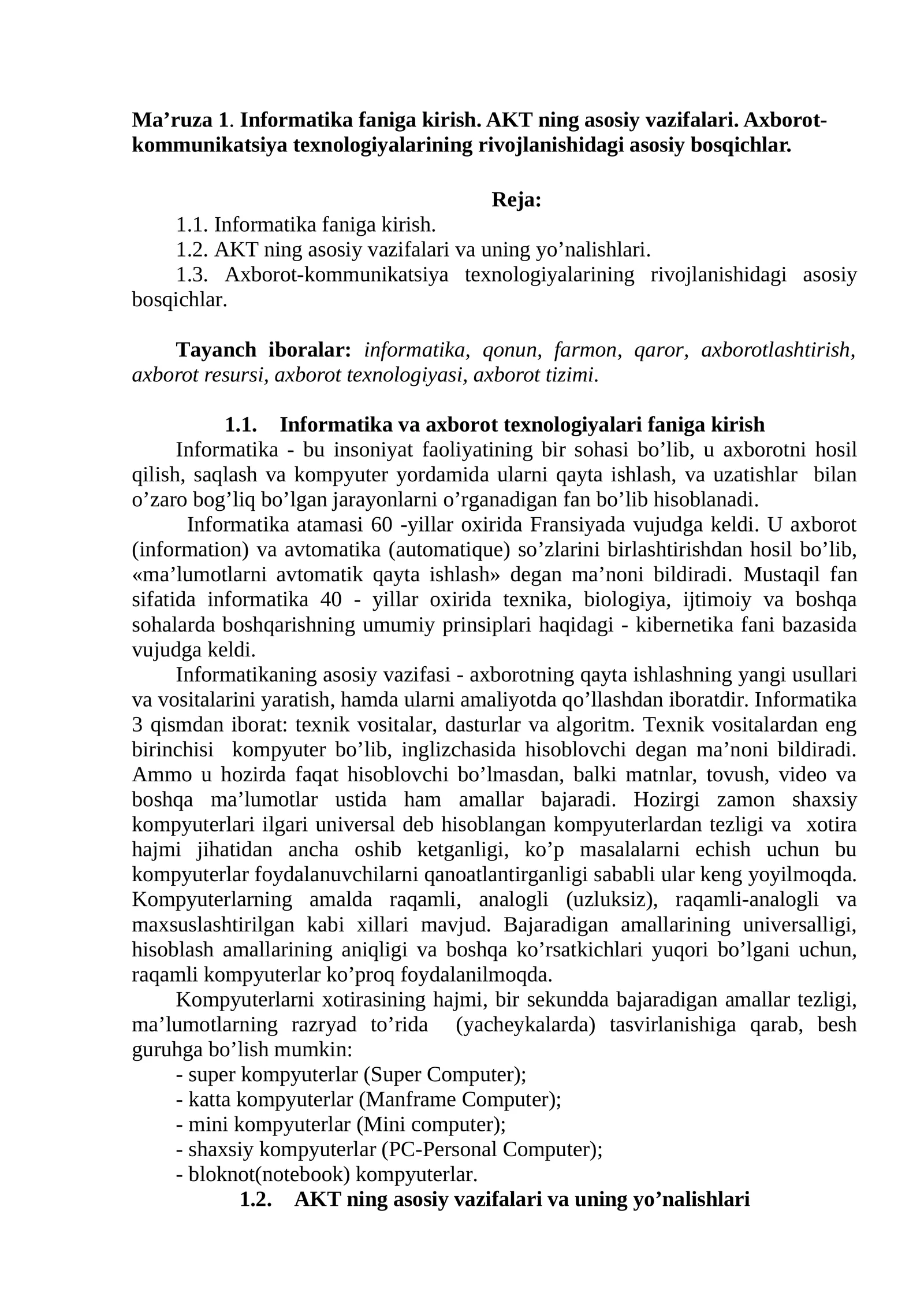 Informatika va axborot texnologiyalari faniga kirish