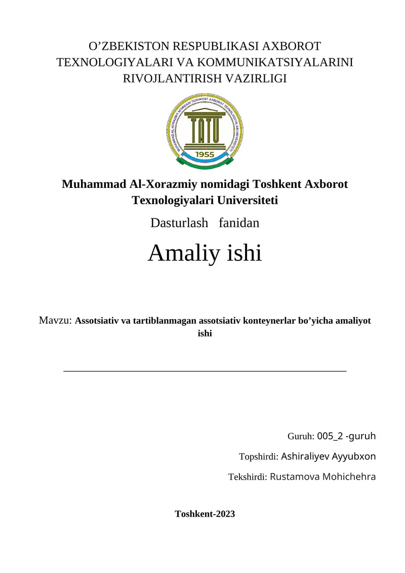 Assotsiativ va tartiblanmagan assotsiativ konteynerlar bo’yicha amaliyot ishi