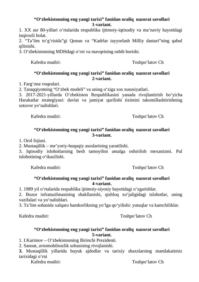 O‘zbekistonning eng yangi tarixi fanidan oraliq nazorat savollari 1-variant